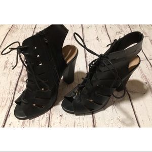 Black Lace Up Heeled Open Toe Gladiator Booties